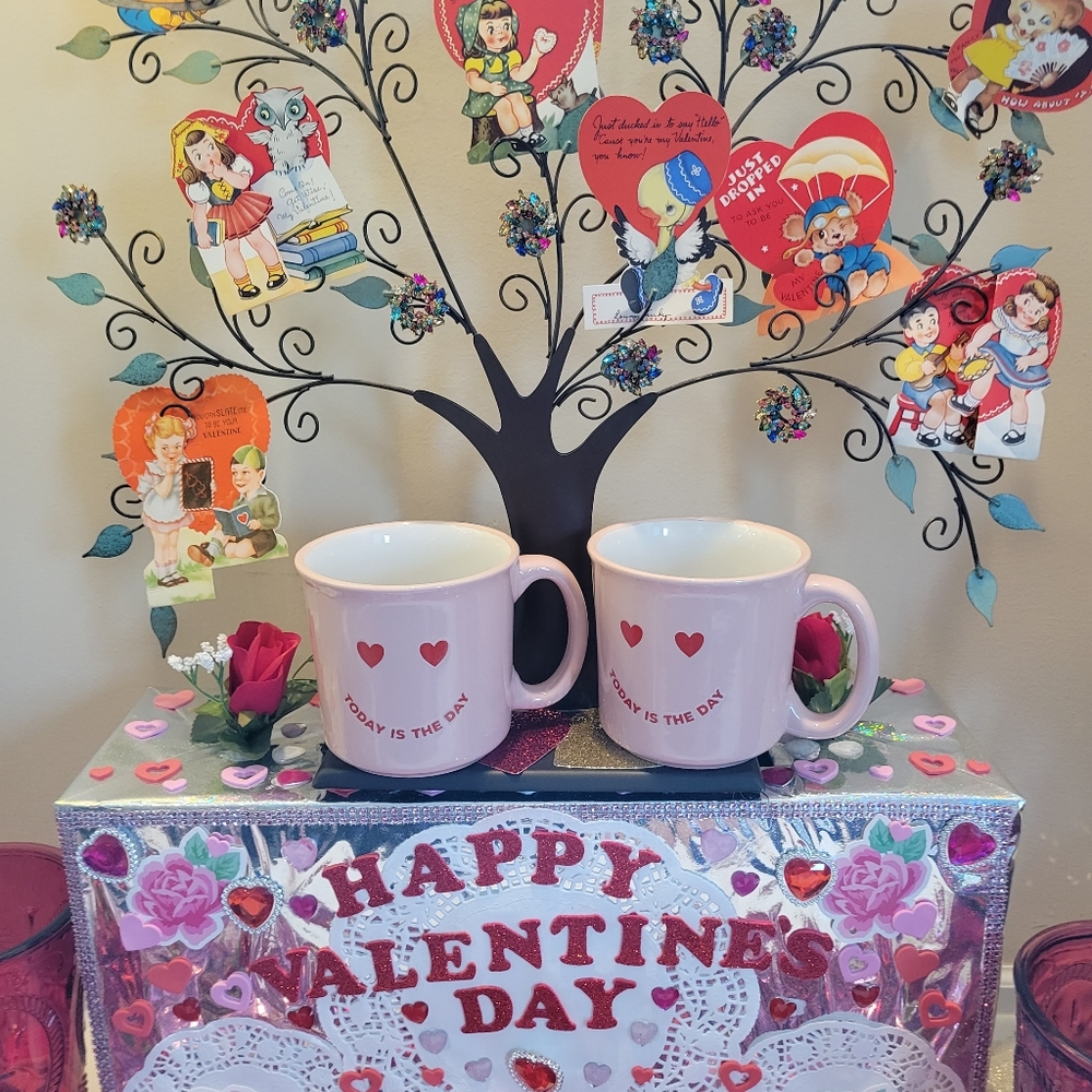 Two Elum Mugs; Valentine's Day, love theme, 2 pink large mugs/cups (unused)